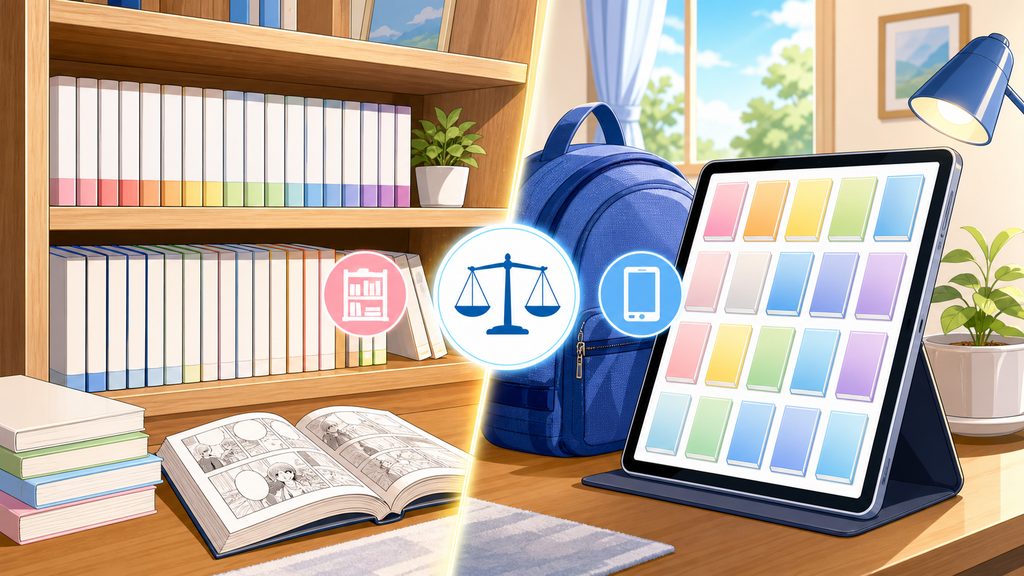 電子書籍と紙書籍の保管や持ち運び比較イメージ