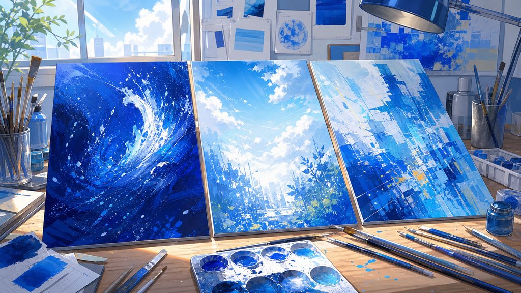 3つの青が示す意味をアート用品で表したイメージ